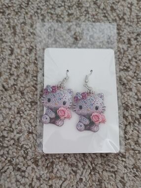 Hello Kitty Pink Glitter Drop Earrings with Rose Accents